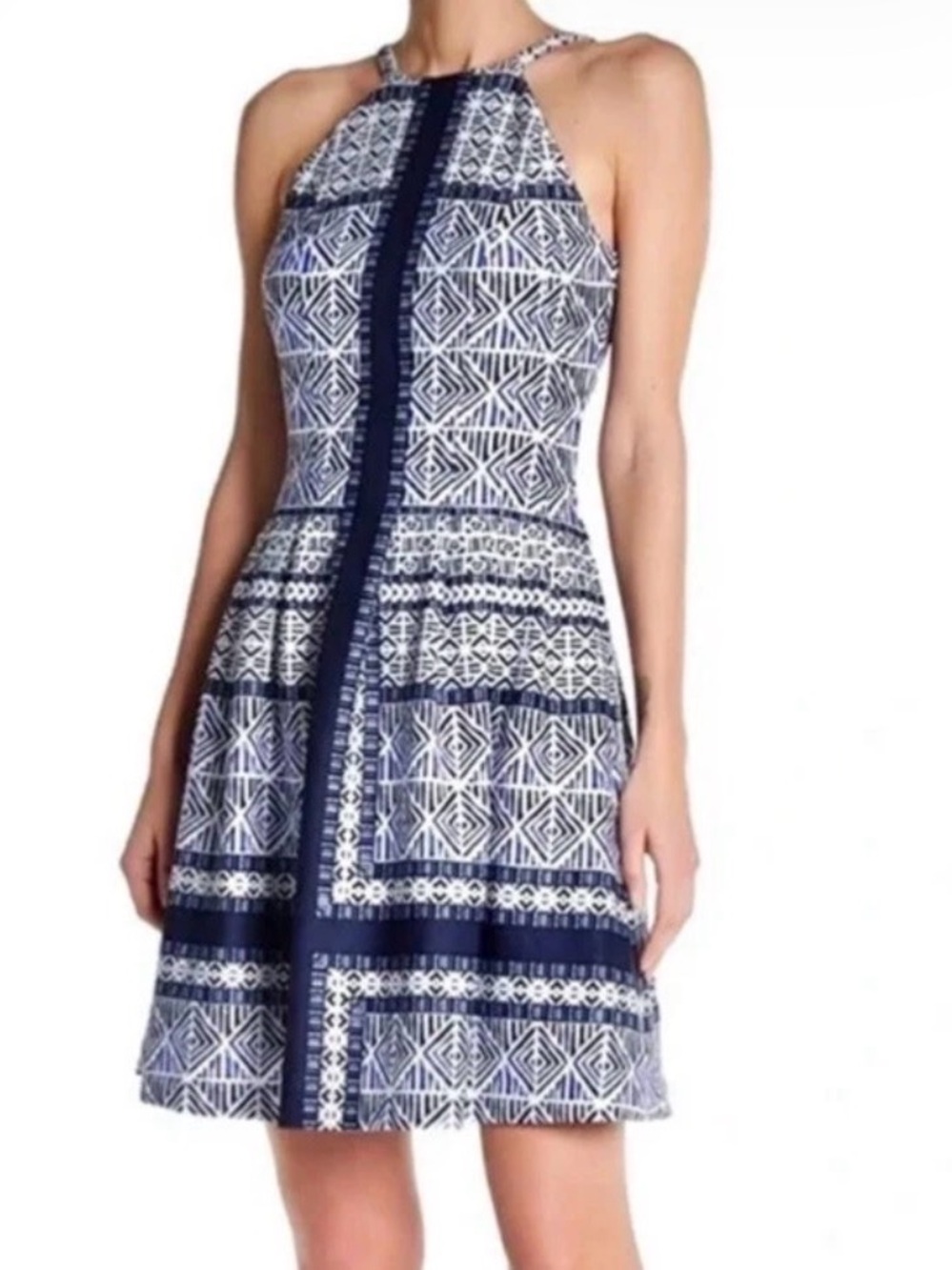 Vince Camuto Navy & White Halter scuba Fit-and-Flare Dress Sz 14